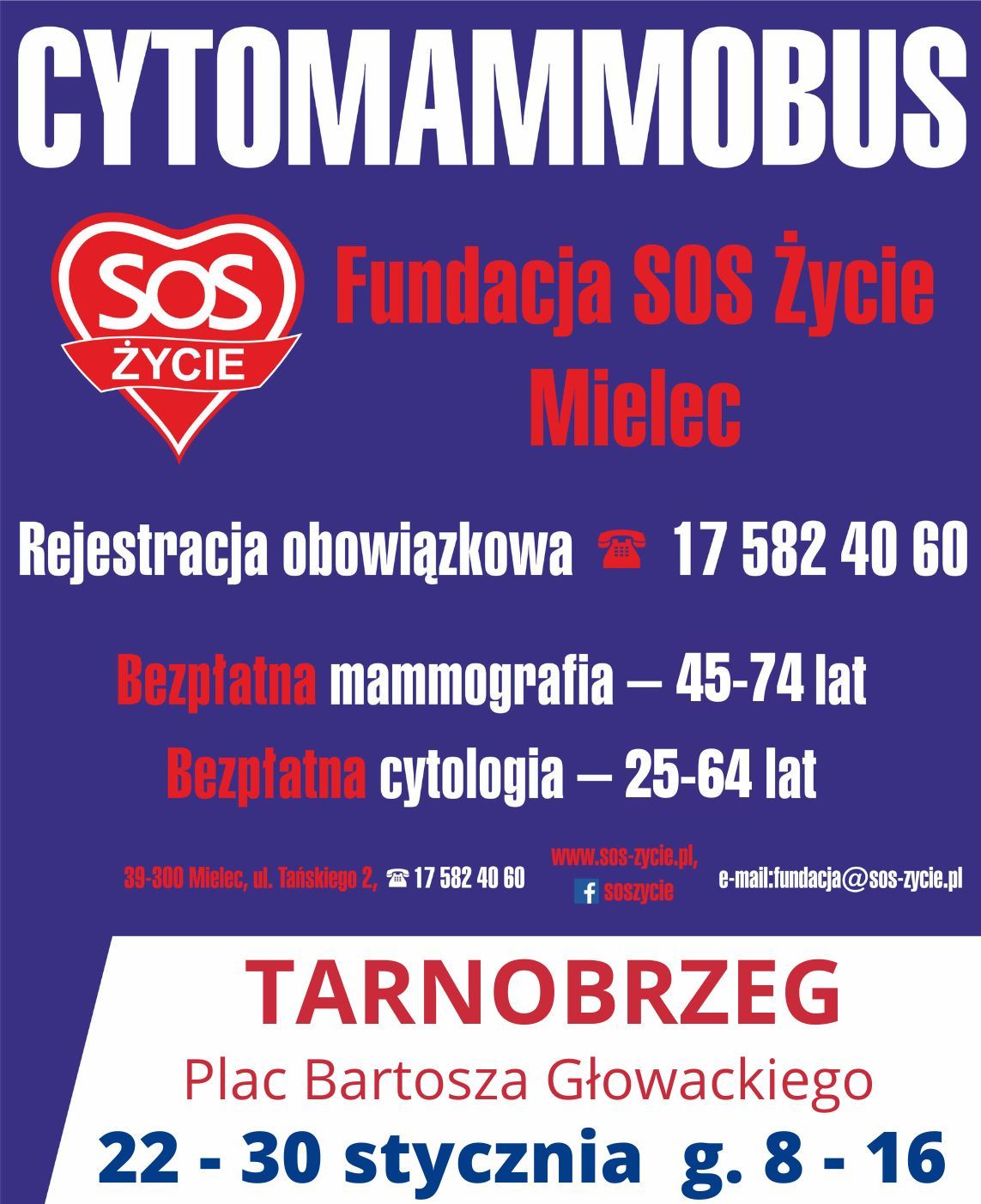 Masz 25 lat – wykonaj cytologię! Masz 45 lat – wykonaj mammografię! Cytomammobus Fundacji SOS Życie w Tarnobrzegu